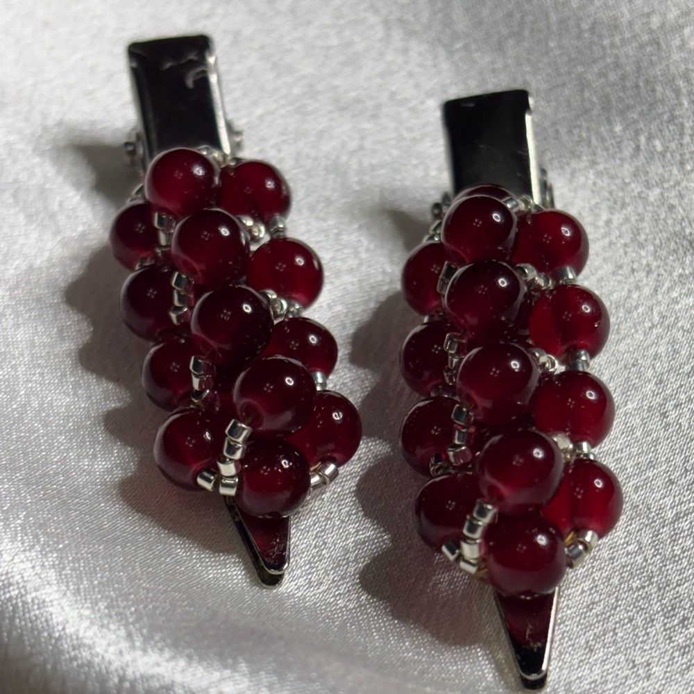 Handmade red and silver color beaded hair clips set 2 inches
